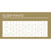 Size chart for sleep pants with waist, hip, and inseam measurements.