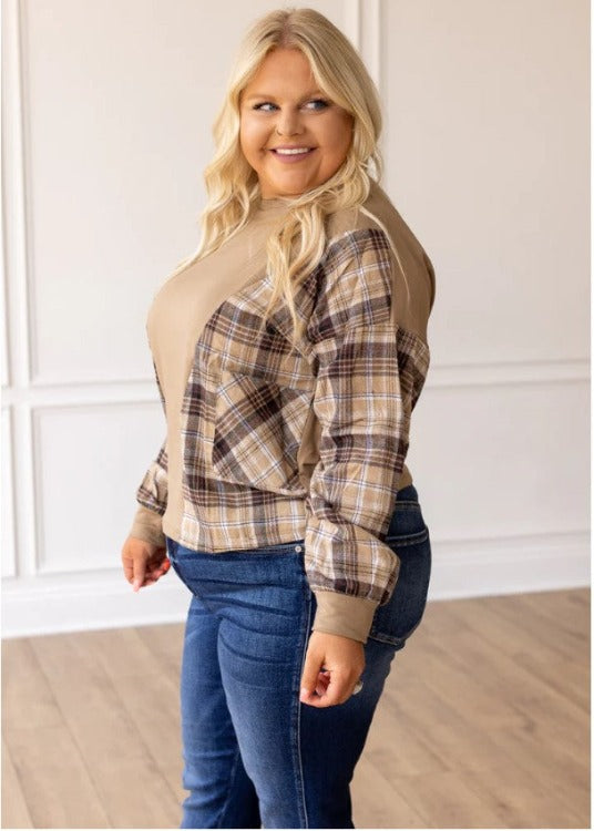 plaid and brown fall fashion top for women plus