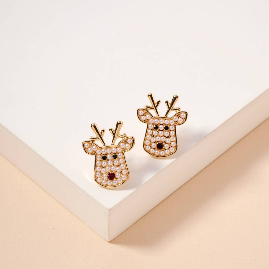Rudolph reindeer stud earrings with pearl detailing and red rhinestone noses in gold and silver finishes.