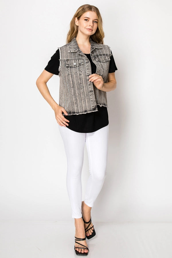 "Women’s distressed black denim vest with vertical rhinestone sparkle stripes, raw-edge hem, button-front closure, and flap chest pockets – boutique western glam layering vest"