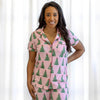 Christmas tree printed pajama top and pants set by The Royal Standard, featuring soft knit fabric and festive holiday design.