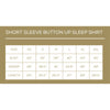Size chart for short sleeve button-up sleep shirts with measurements in inches.