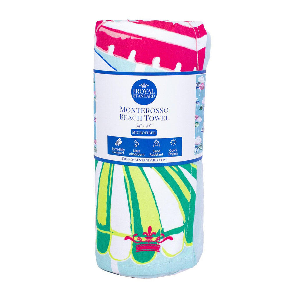 Colorful beach towel with packaging on a white background