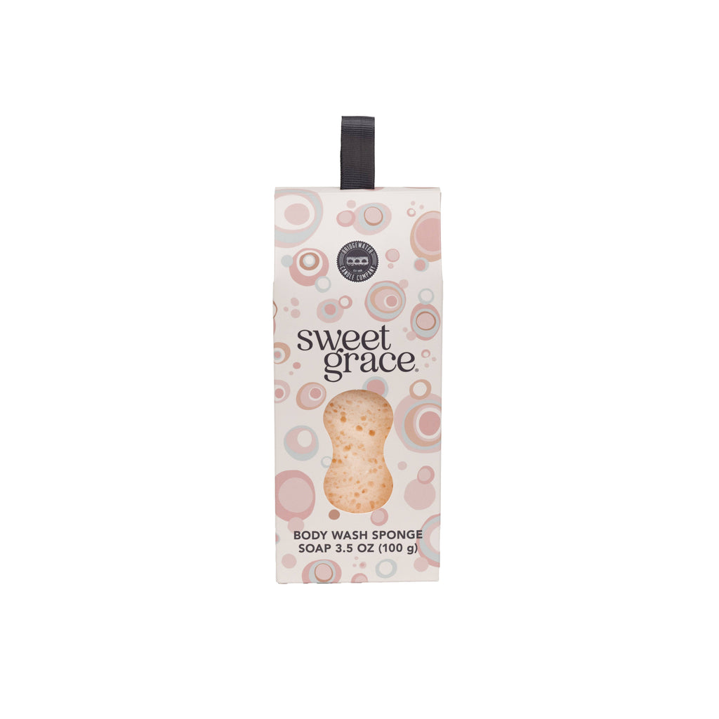 Body wash sponge packaging with 'sweet grace' branding on a white background
