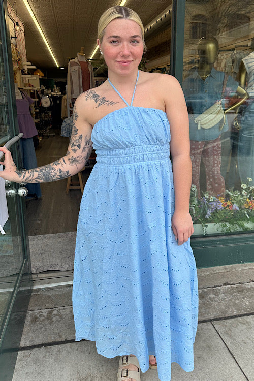 light blue halter midi dress Anneliese Eyelet Halter Midi Dress – Sky Blue