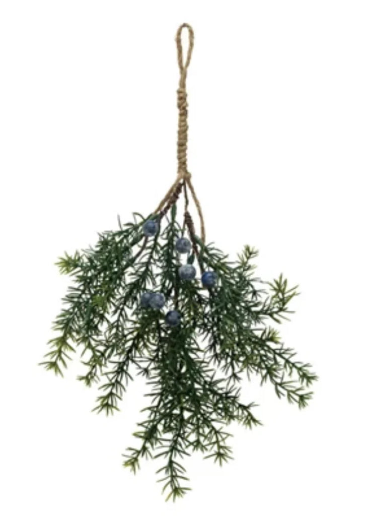 Five faux evergreen and berry bunches with snow/ice finish in assorted styles, each with hanging loop, displayed individually.