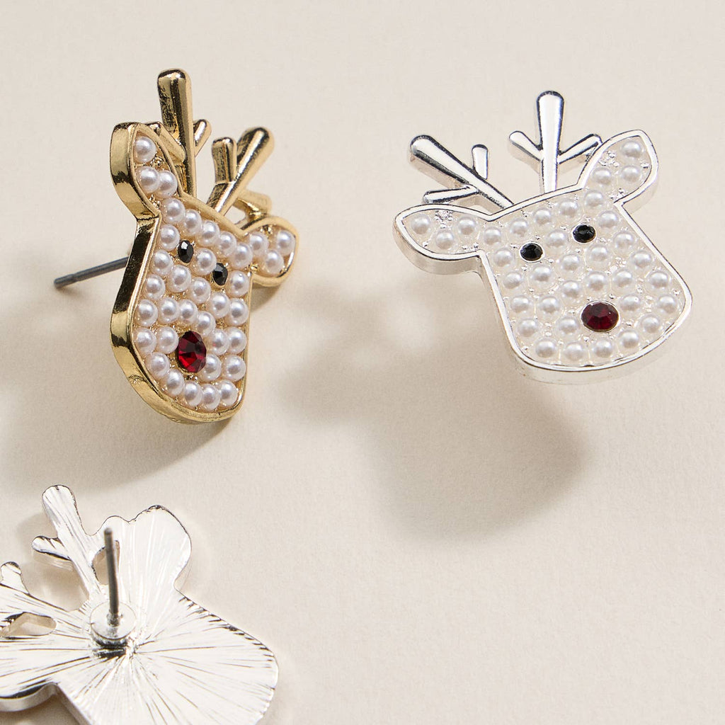 Rudolph reindeer stud earrings with pearl detailing and red rhinestone noses in gold and silver finishes.