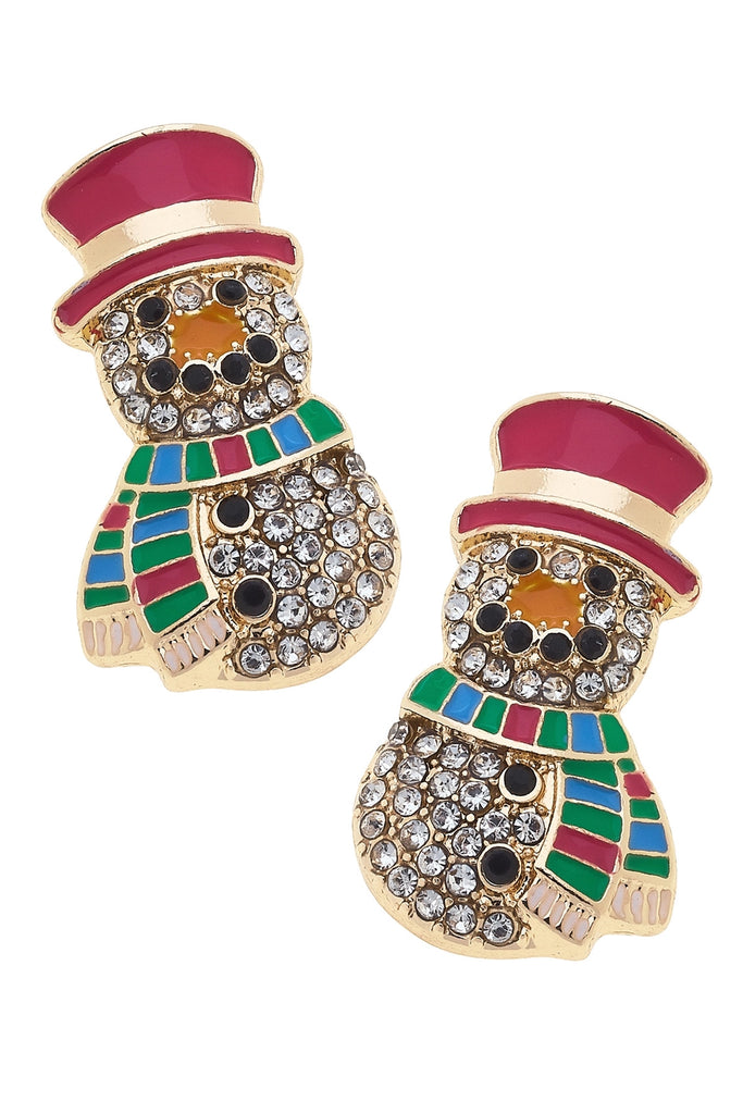 Colorful snowman-shaped earrings with gemstones on a white background