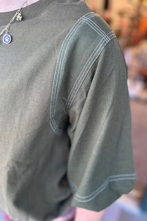 Close-up of a green shirt with white stitching detail