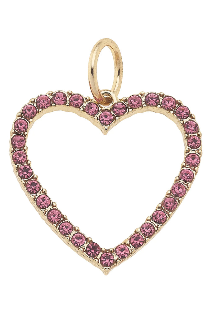 Heart-shaped pendant with pink gemstones on a white background