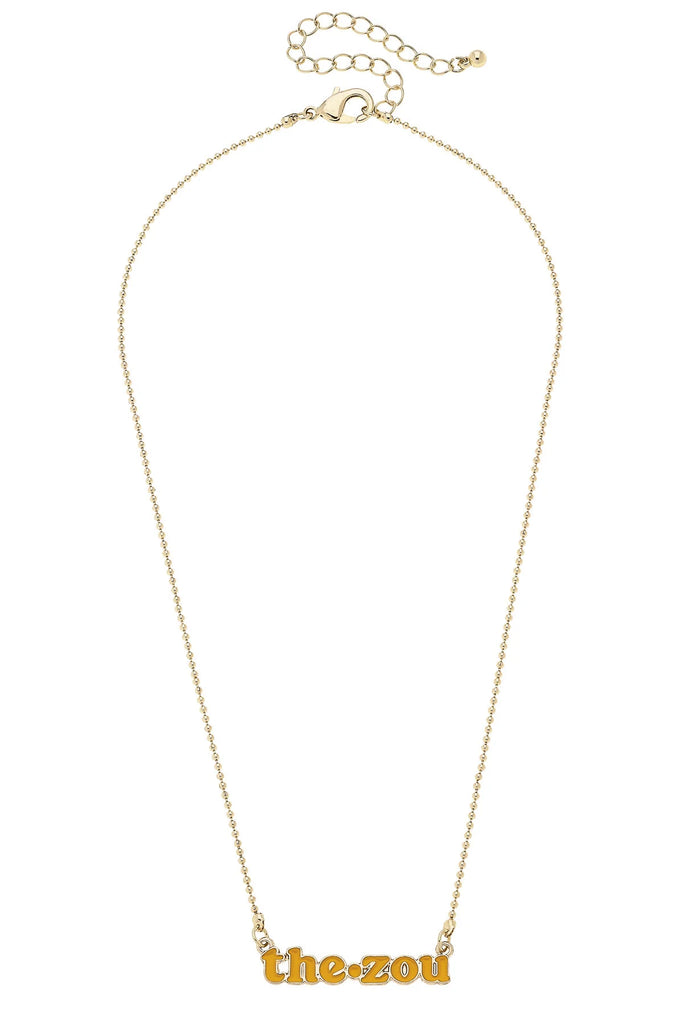 Gold necklace with 'the.zou' pendant on a white background