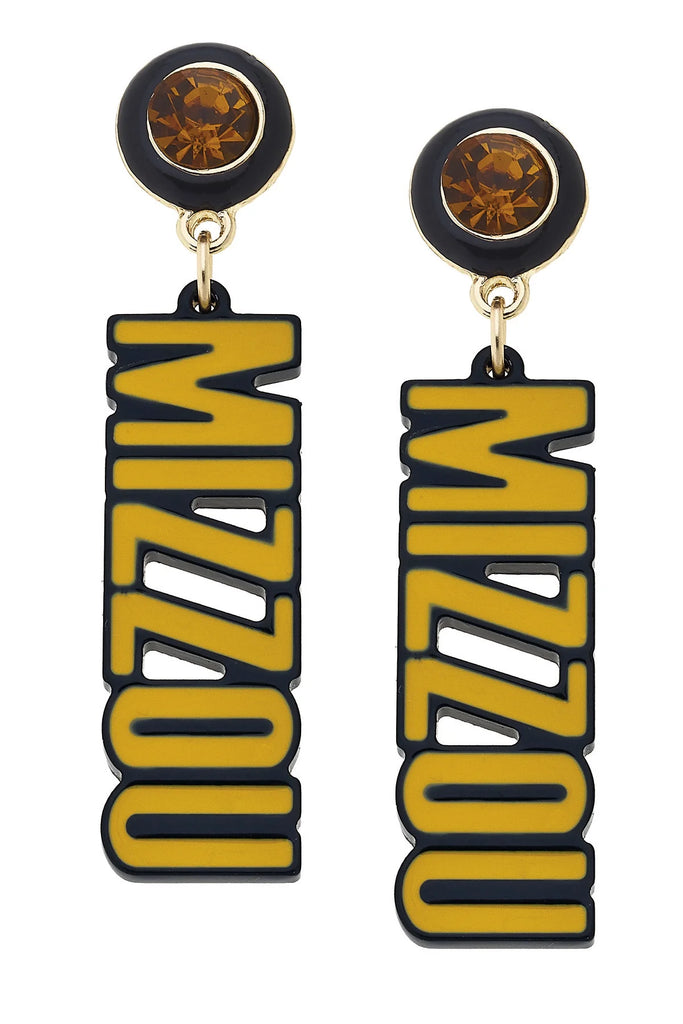 Pair of earrings with 'Mizzou' text on a white background