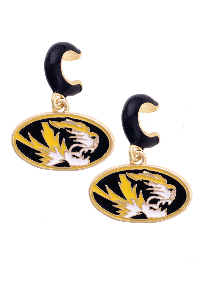 Pair of earrings with tiger logo design on a white background