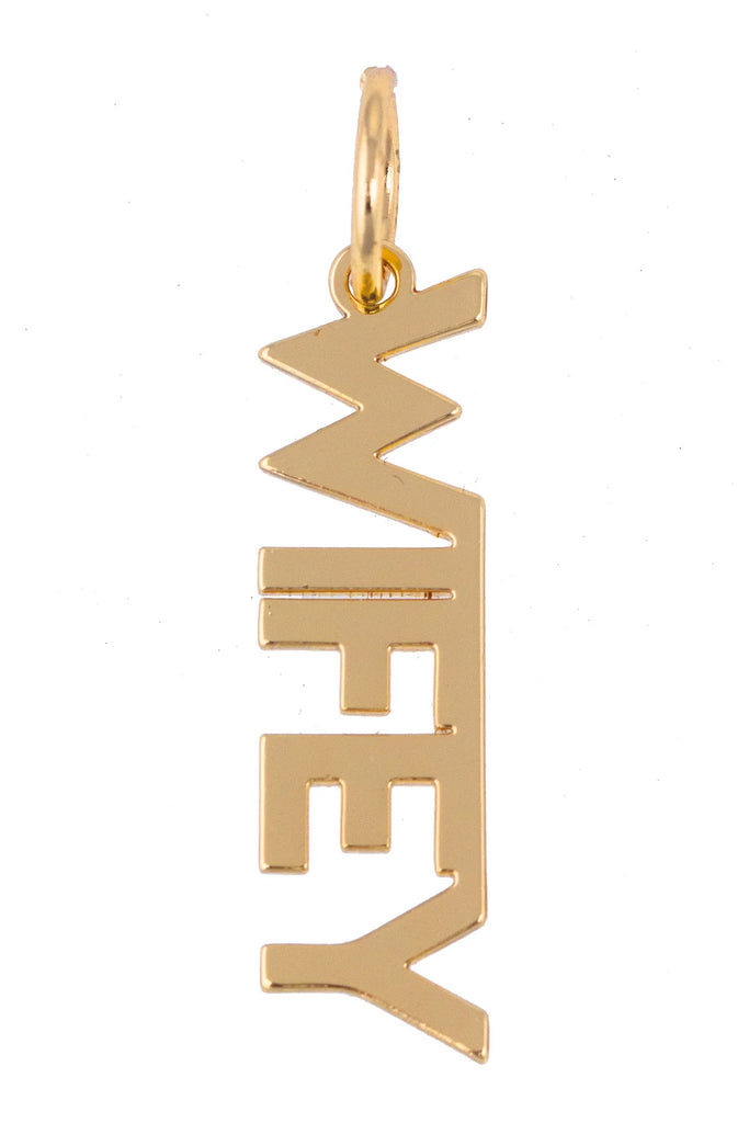 Gold pendant with 'WIFEY' letters on a white background