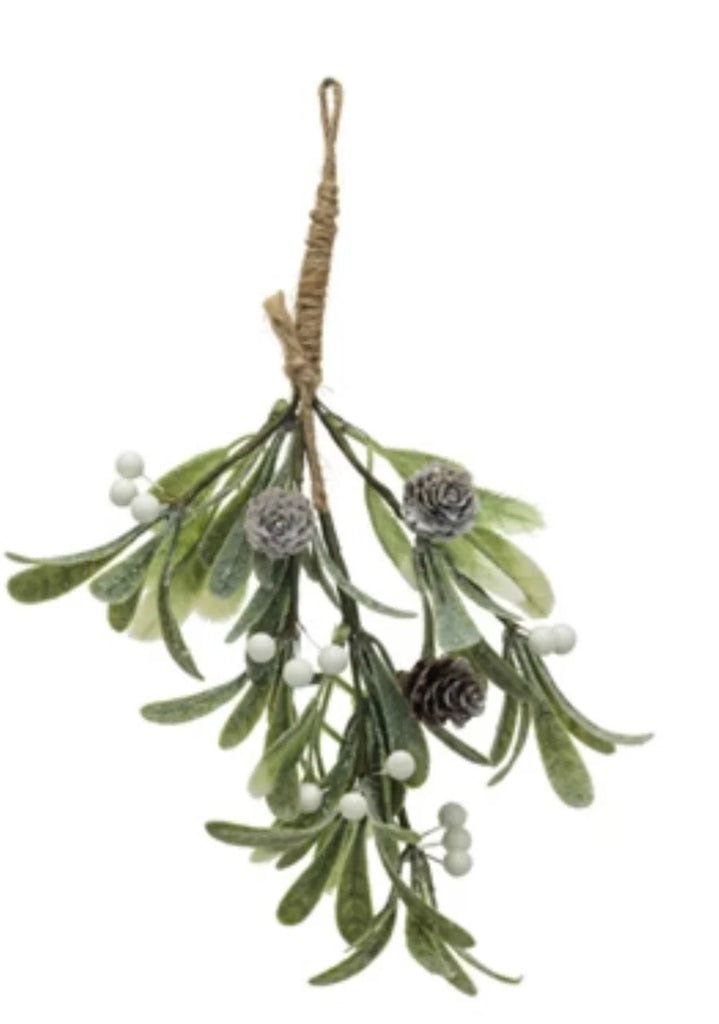 Five faux evergreen and berry bunches with snow/ice finish in assorted styles, each with hanging loop, displayed individually.