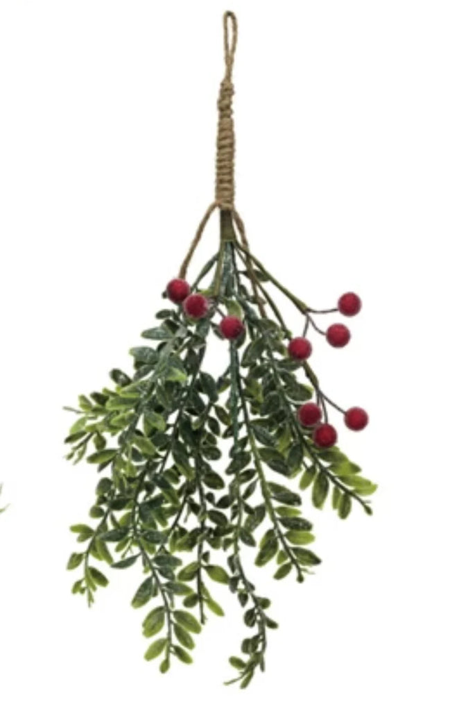 Five faux evergreen and berry bunches with snow/ice finish in assorted styles, each with hanging loop, displayed individually.
