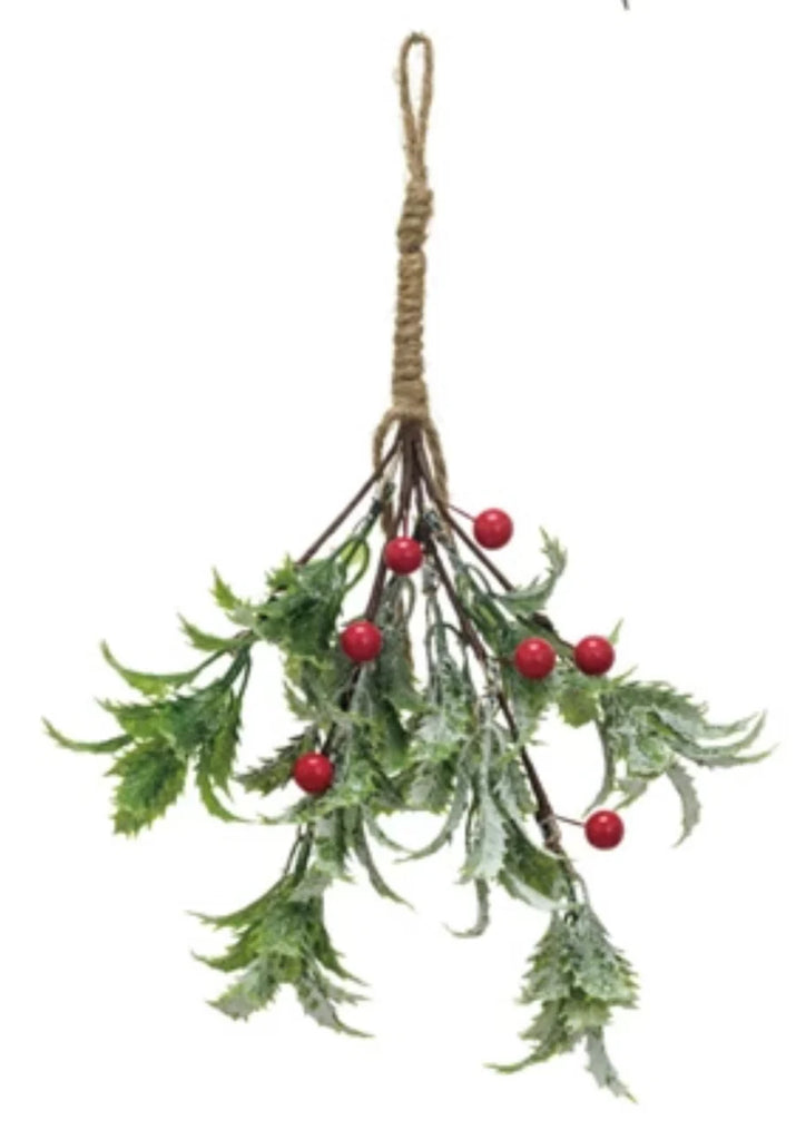 Five faux evergreen and berry bunches with snow/ice finish in assorted styles, each with hanging loop, displayed individually.