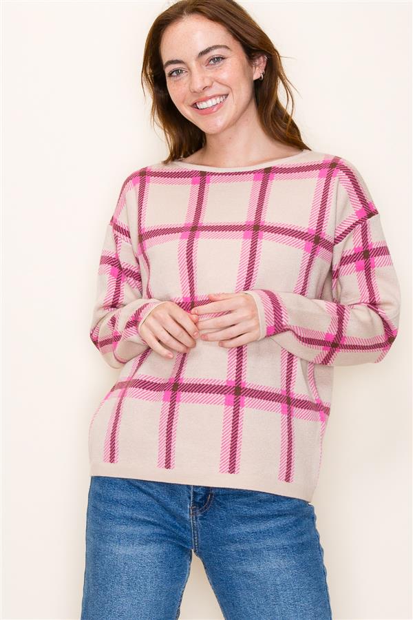 pink and ivory checkered womans sweater boutique