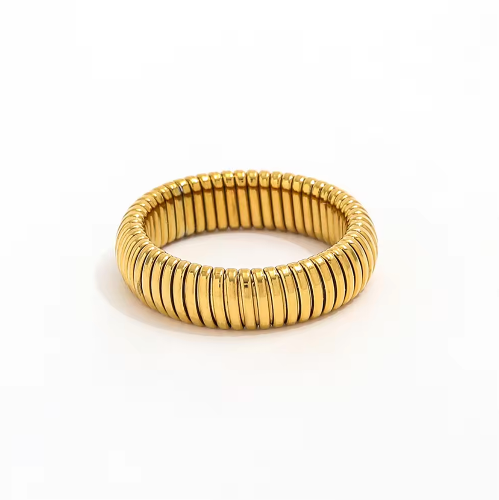 Gold ring with ribbed texture on a white background