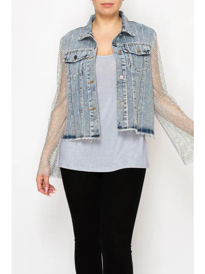 "Origami Apparel statement denim jacket with vertical rhinestone sparkle stripes, sheer mesh bell sleeves, button-front closure, and raw-edge hem — boutique edgy outerwear"