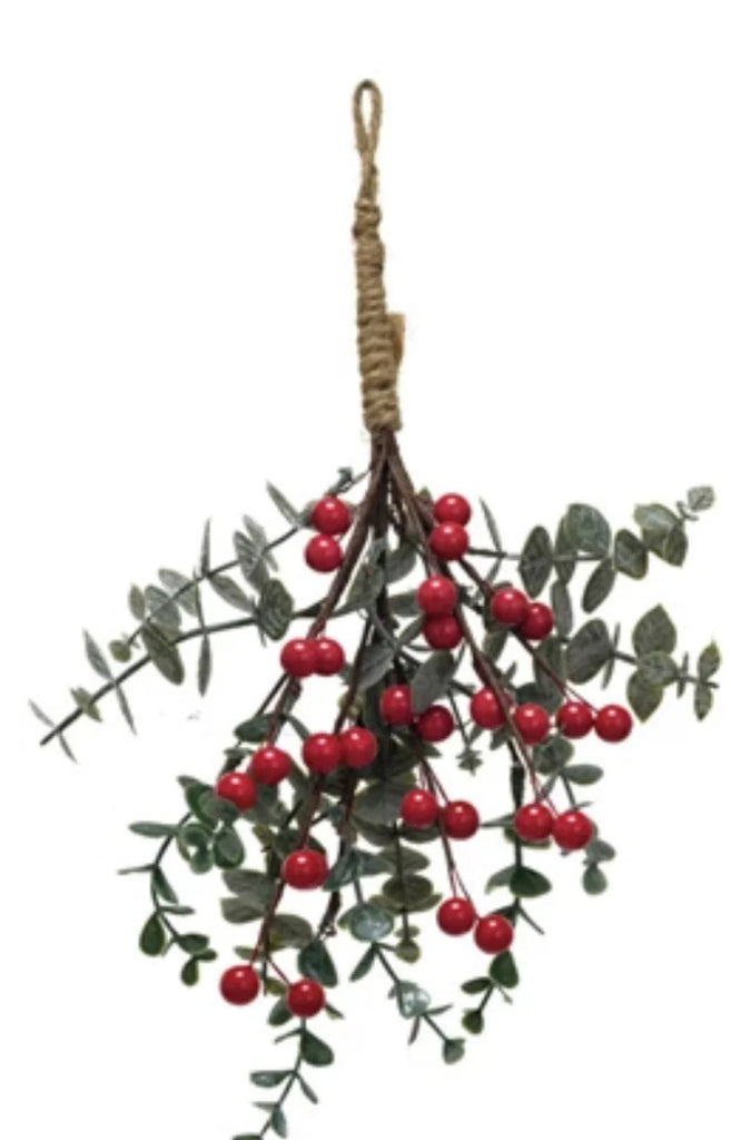 Five faux evergreen and berry bunches with snow/ice finish in assorted styles, each with hanging loop, displayed individually.