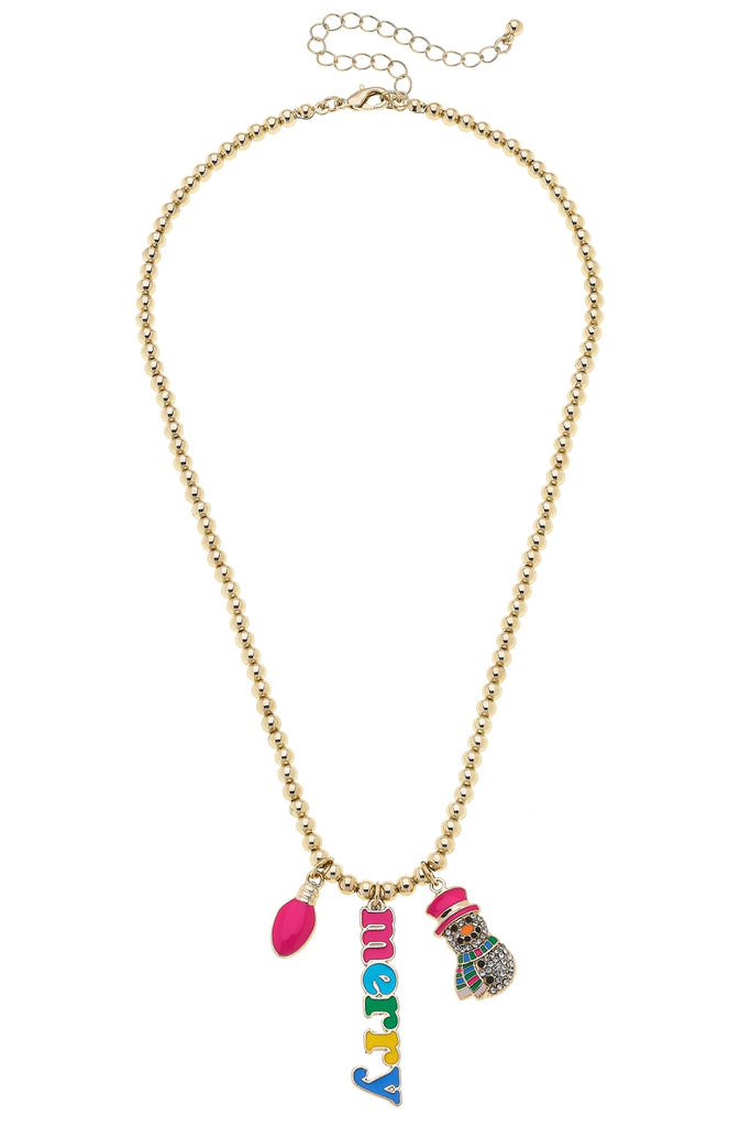 Necklace with colorful charms and gold chain on a white background