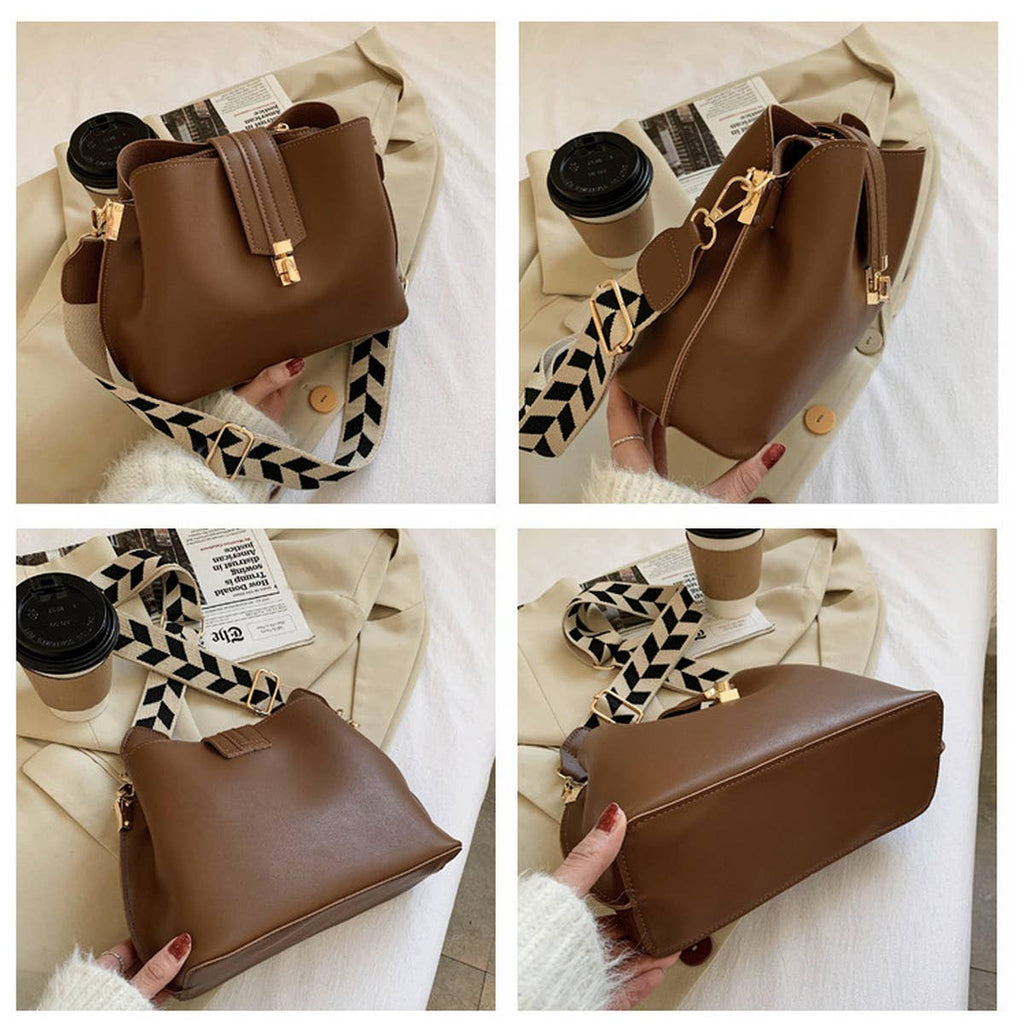 Brown handbag being held and displayed from different angles on a light background.