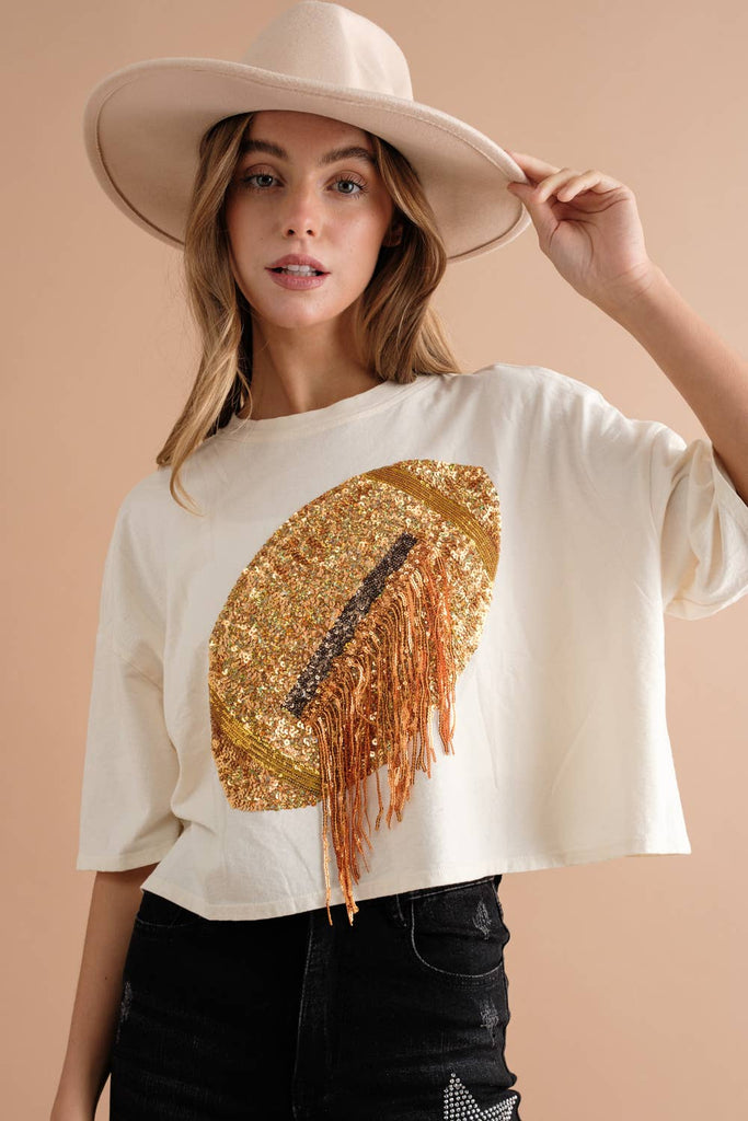 crop top with sequin football and fringe