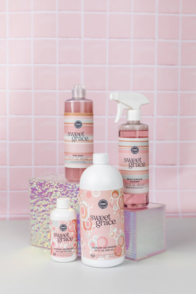 Sweet Grace product line on a pink tiled background