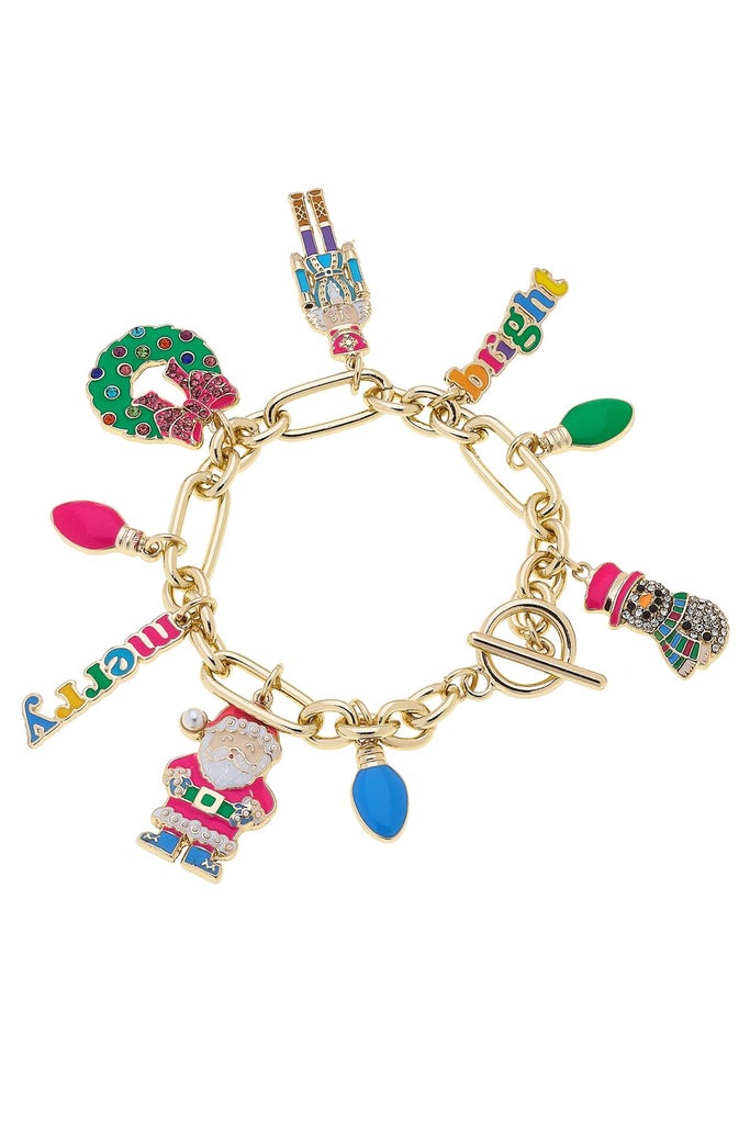 Colorful charm bracelet with various charms on a white background