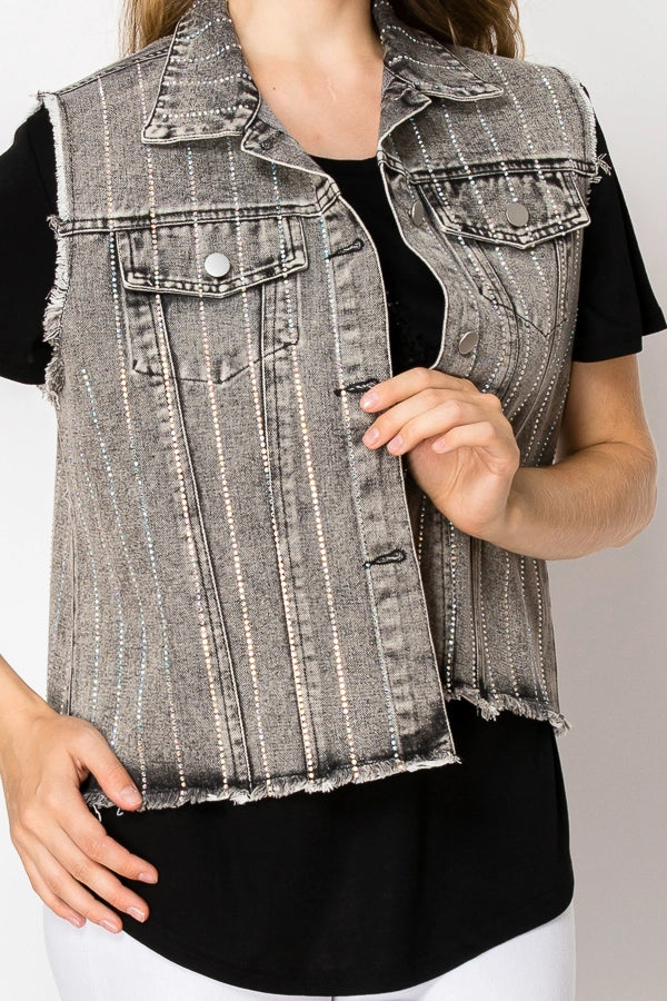 "Women’s distressed black denim vest with vertical rhinestone sparkle stripes, raw-edge hem, button-front closure, and flap chest pockets – boutique western glam layering vest"