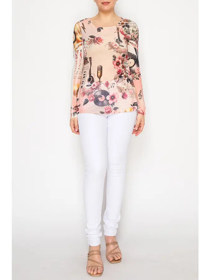 Origami musical floral mesh top in a peachy pink color with a fitted long-sleeve silhouette, featuring a detailed graphic print of roses, musical notes, and records
