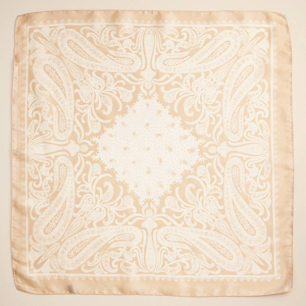 Beige silk-texture square scarf with white paisley border print.