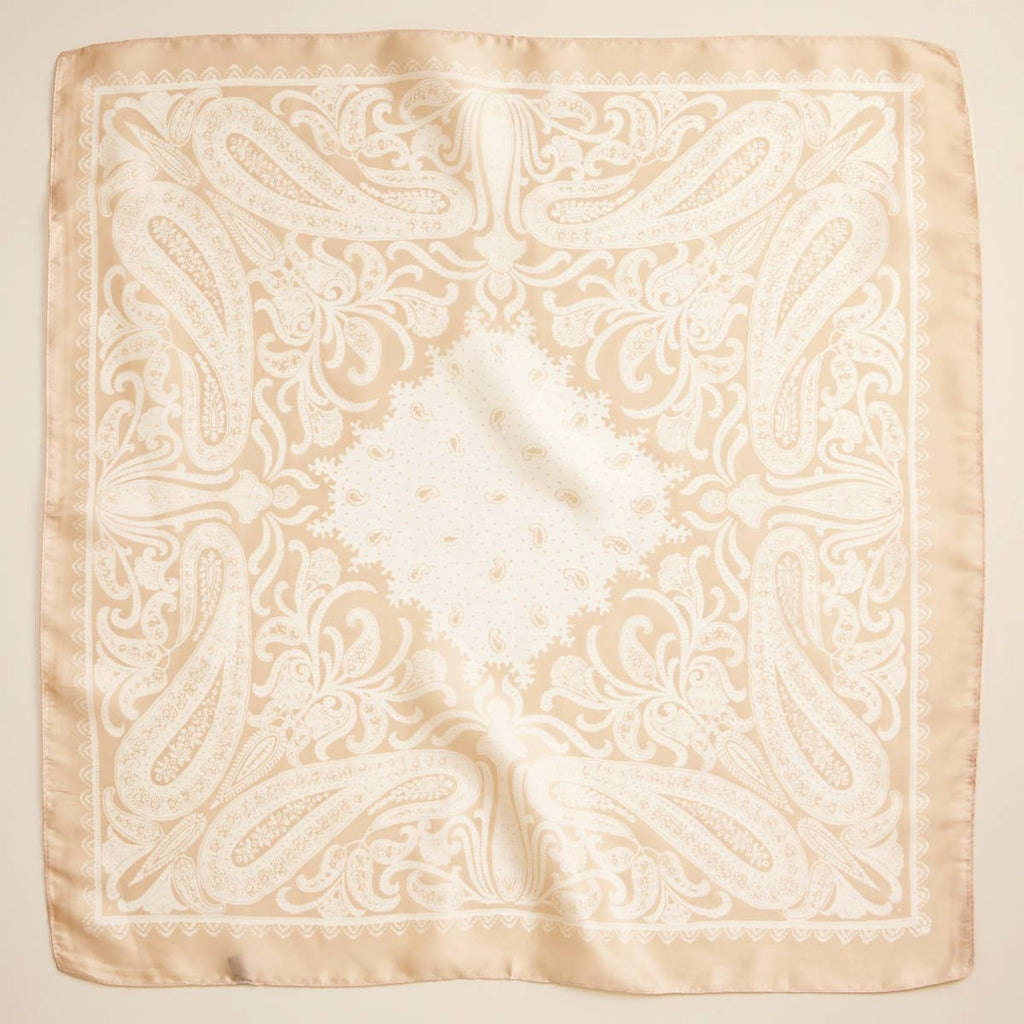 Beige silk-texture square scarf with white paisley border print.