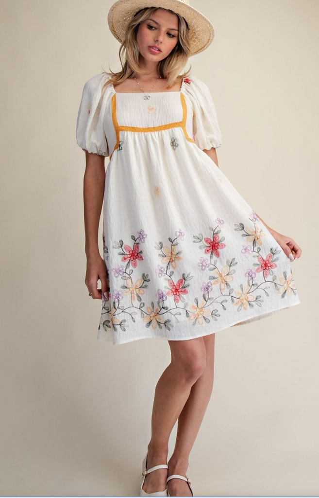 embroidered babydoll dress Birdie – Floral Embroidery Bubble Sleeve Dress- Cream 2026/3/16 casual daily look Add Michelina Cotton Mini Dress Größe:Size 28W