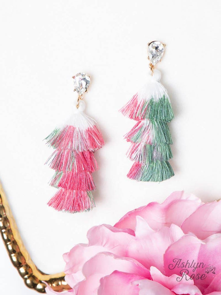 Blush pink and sage ombré tiered tassel earrings with teardrop crystal studs.