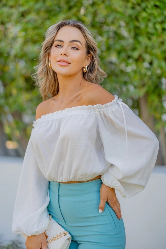 Brielle Long Sleeve Off The Shoulder Crop Top White Moonshine and Lace Boutique