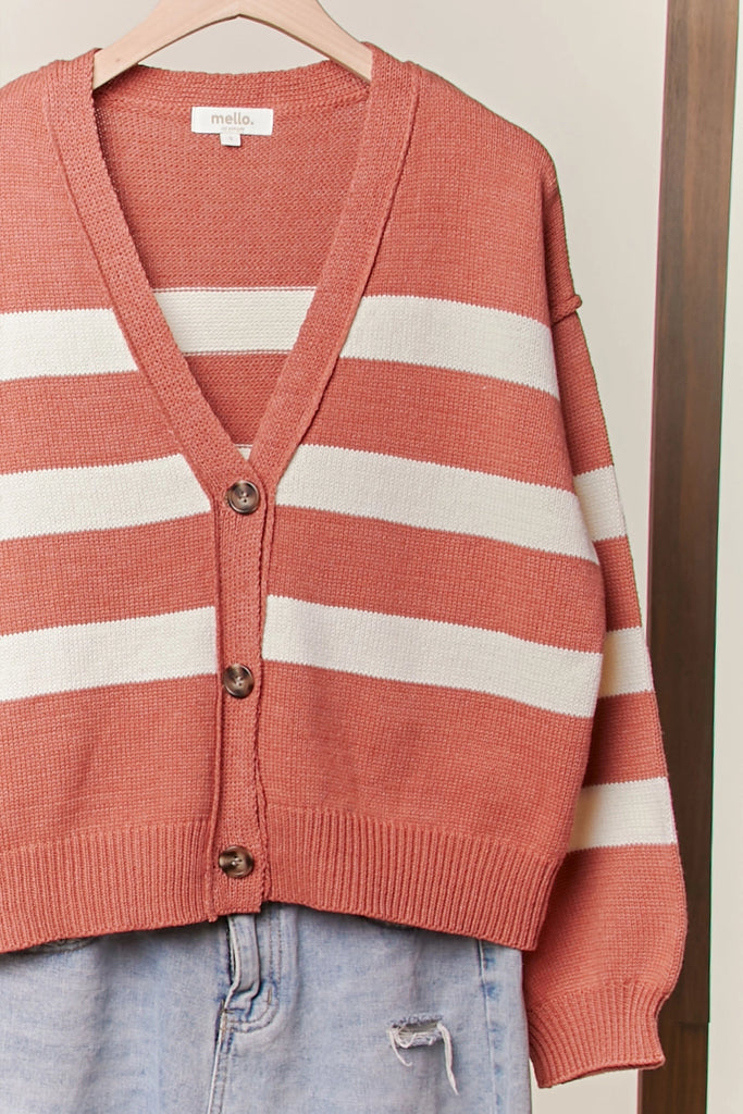 Rust and cream striped button-front cardigan with relaxed fit and ribbed details