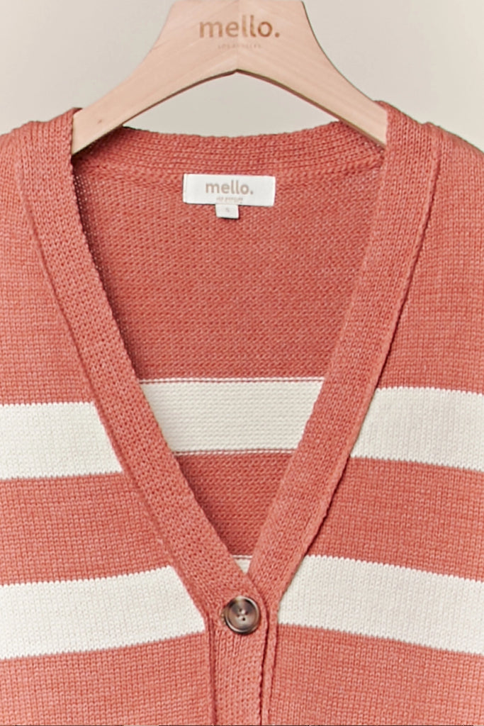 Rust and cream striped button-front cardigan with relaxed fit and ribbed details