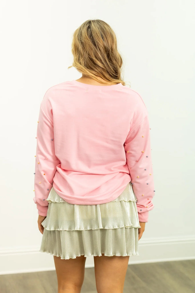 Pink Christmas sweatshirt with sequin tree design and beaded sleeves by Southern Grace.