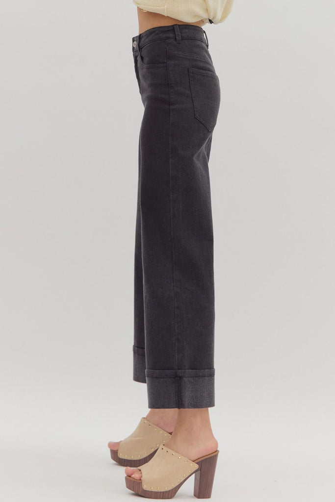 black cuffed jeans, wide leg ankle pants, mid-rise , cropped black pants, modern casual , stretch cotton pants for women