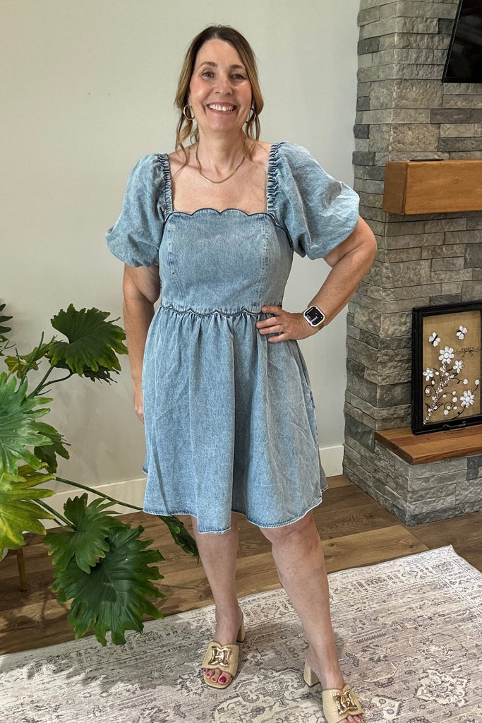 empire denim dress LIANA EMPIRE WAIST DENIM MIDI DRESS