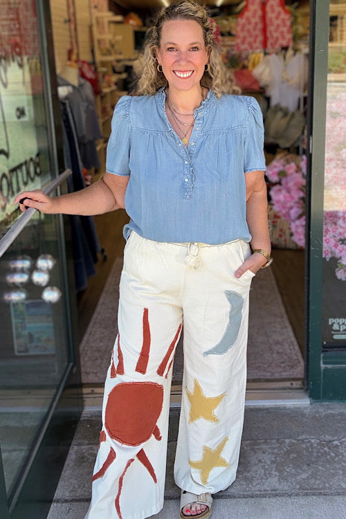 Luna - Sun Moon Star Patch Wide Leg Pants – Moonshine and Lace