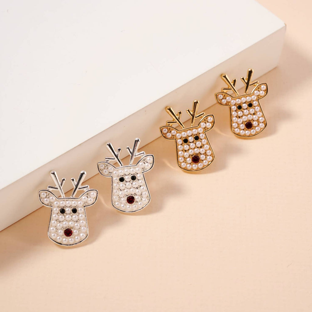 Rudolph reindeer stud earrings with pearl detailing and red rhinestone noses in gold and silver finishes.