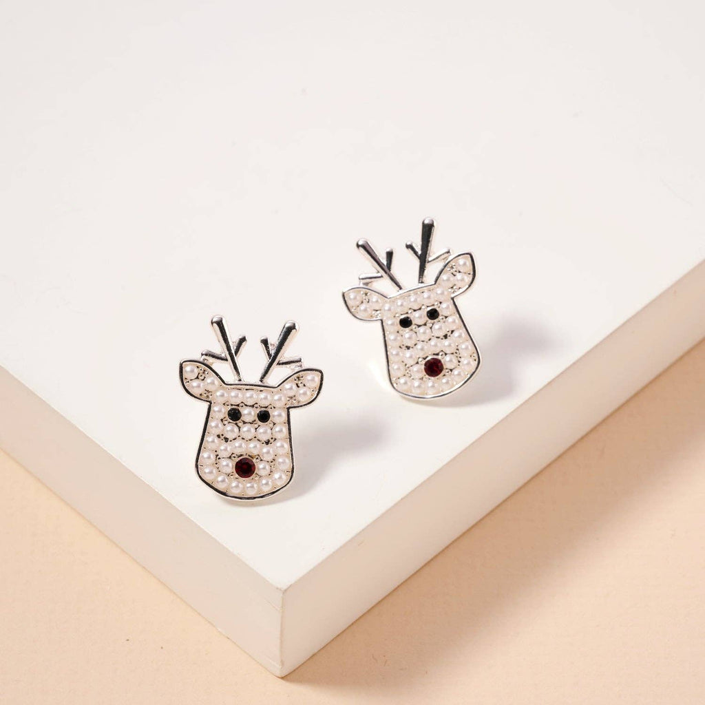 Rudolph reindeer stud earrings with pearl detailing and red rhinestone noses in gold and silver finishes.