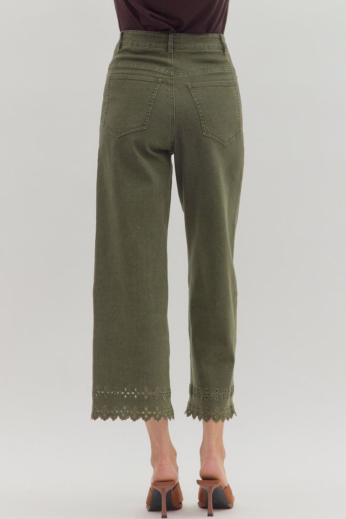 olive embroidered pants, high waist cropped jeans, eyelet hem trousers, feminine wide-leg denim, ankle pants with scallop detail, summer green pants