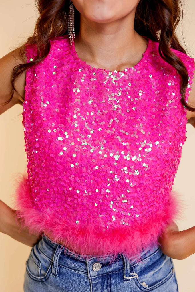 front sequin top with feathers