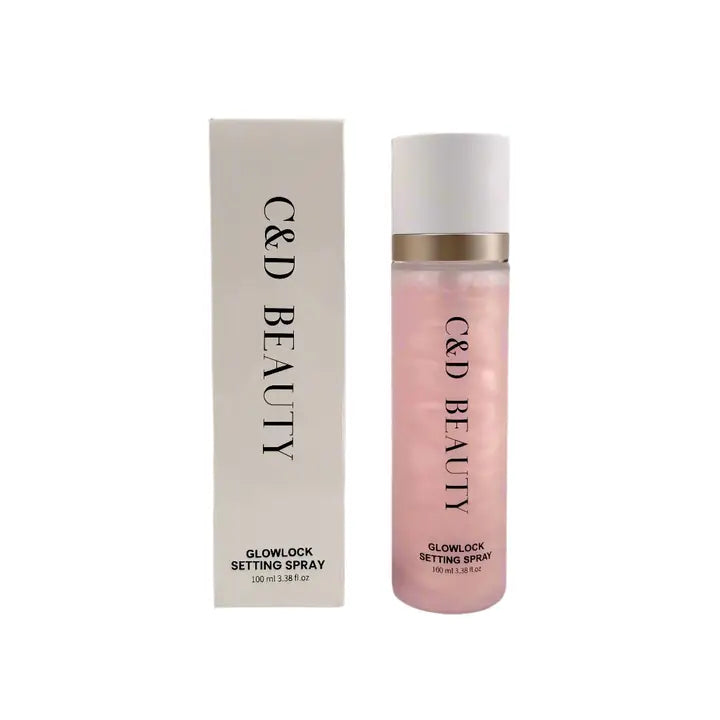 C&D Beauty Glowlock Setting Spray bottle and packaging on a white background