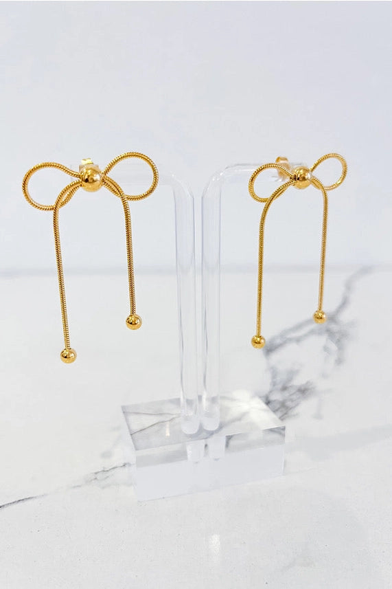 Gold dangle tied bow earrings for women