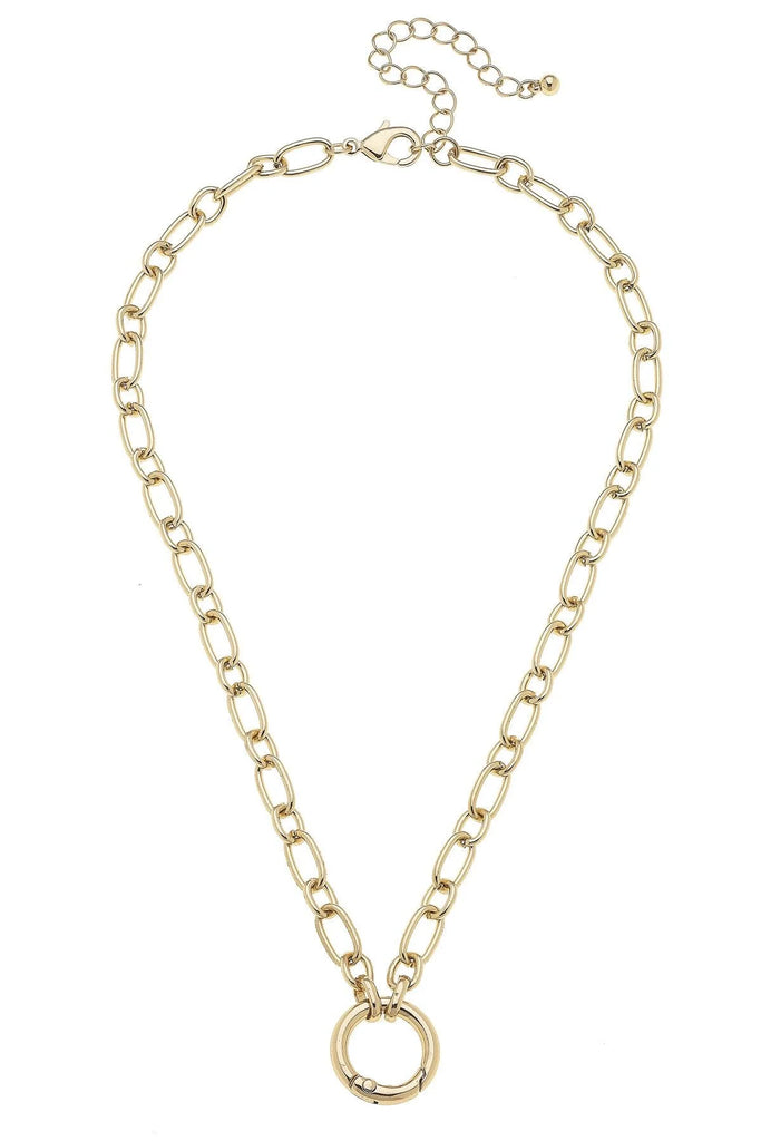 Gold link-chain necklace with circular charm holder and adjustable clasp.